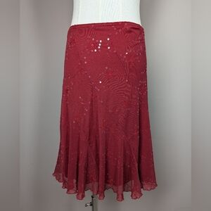 Red Midi Flared Sequin Skirt
